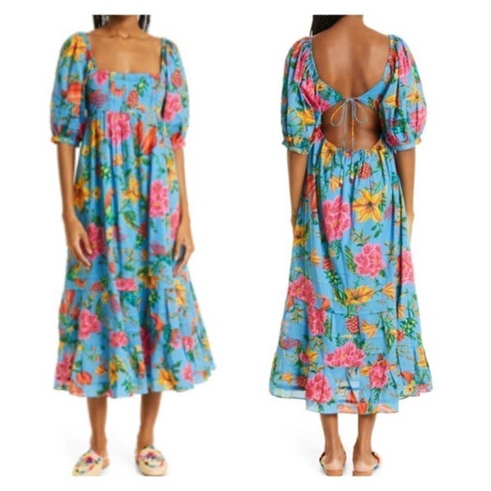 FARM RIO Toucans Garden Midi Dress Puff Sleeves In Multicolor Size L NWOT